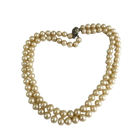 Vintage Double Strand Faux Pearl Necklace With Ornate Clasp Retro - Picture 4 of 7